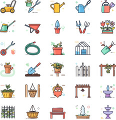 Colorful gardening icon set with tools, plants, and decorations