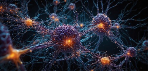 Close-up of a neuron network exchanging signals with connected cells