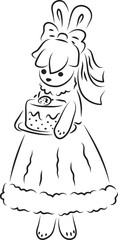 A cute bunny in a ball gown with a bow on her head stands and holds a cake in her hands on a plate, full-length, black outlines drawn by hand with a brush curved lines