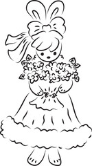 Fototapeta premium A cute bunny in a ball gown with a bow on her head stands and holds a bouquet of flowers in her hands and looks at the camera, full-length, black outlines drawn by hand with a brush curved lines
