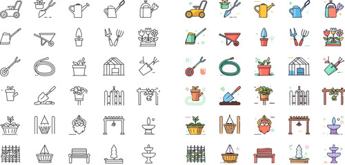 Full garden icon pack in outline and color styles with tools and plants