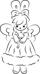 Cute bunny with butterfly wings in a ball gown with a bow on her head stands and holds a magic wand in her hands, full-length front view, black outlines drawn by hand with a brush curved lines