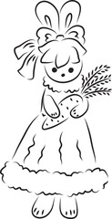 Cute bunny in a ball gown with a bow on her head stands and holds one carrot in her hands, front view, full length, black outlines drawn by hand with a brush curved lines