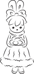 Cute bunny in a ball gown with a bow on her head stands and holds a plate with Easter eggs, front view, full length, black outlines drawn by hand with a brush curved lines