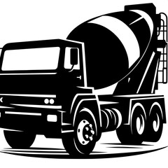 Black and White Vector Silhouette of a Cement Mixer Truck Side View