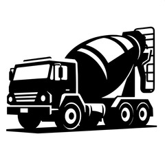 Black and White Vector Silhouette of a Cement Mixer Truck Side View