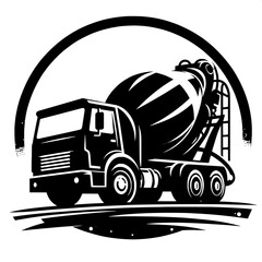 Black and White Vector Silhouette of a Cement Mixer Truck Side View