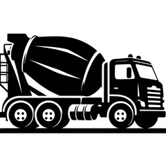 Black and White Vector Silhouette of a Cement Mixer Truck Side View
