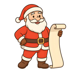 Cheerful cartoon Santa Claus standing with a long wish list scroll, dressed in classic red suit and brown boots.
