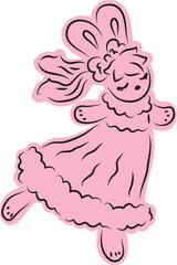 cute bunny with bangs and a bow in her hair dancing with her eyes closed in a ball gown, full size, with a pink fill extending beyond the outline, black outlines drawn by hand 