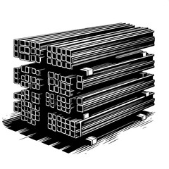 Black and White Vector Silhouette of Steel Girders Stacked on Site