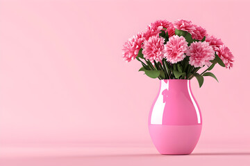 Naklejka premium Elegant bouquet of pink flowers in glossy pink vase on pastel background 