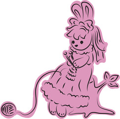 cute bunny in a ball gown with a bow on her head sits on a stump and knits, full size, with a lilac fill extending beyond the outline, black outlines drawn by hand with a brush curved lines