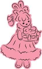 cute bunny in a ball gown with a bow on her head stands and holds a gift box in her hands, full size, with a pink fill extending beyond the outline, black outlines drawn by hand with a brush 