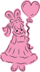 cute bunny in a ball gown with a bow on her head stands and holds a balloon in her hand by the ribbon, full size, with a pink fill extending beyond the outline, black outlines drawn by hand 