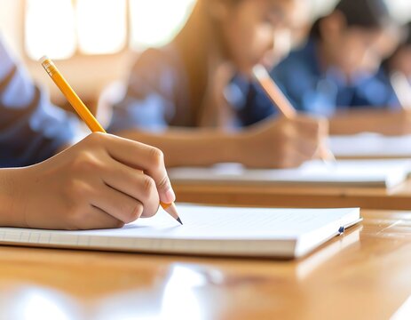 Students taking a test in class, focusing on hand with pencil to illustrate academic learning and assessment in education settings