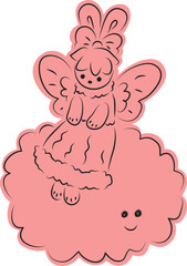 Cute bunny with butterfly wings in a ball gown with a bow on her head sits on a big happy cloud, full length, with a pink fill extending beyond the outline, black outlines drawn by hand with a brush 