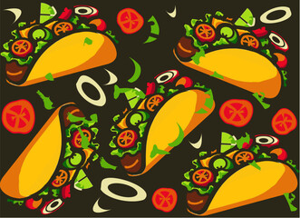 Seamless Pattern with Mexican Tacos – Colorful Vector Food Background