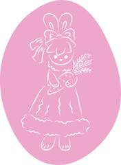 Cute bunny in a ball gown with a bow on her head stands and holds one carrot in her hands, front view, full length, with an oval background in pink, white contours curved lines drawn by hand 