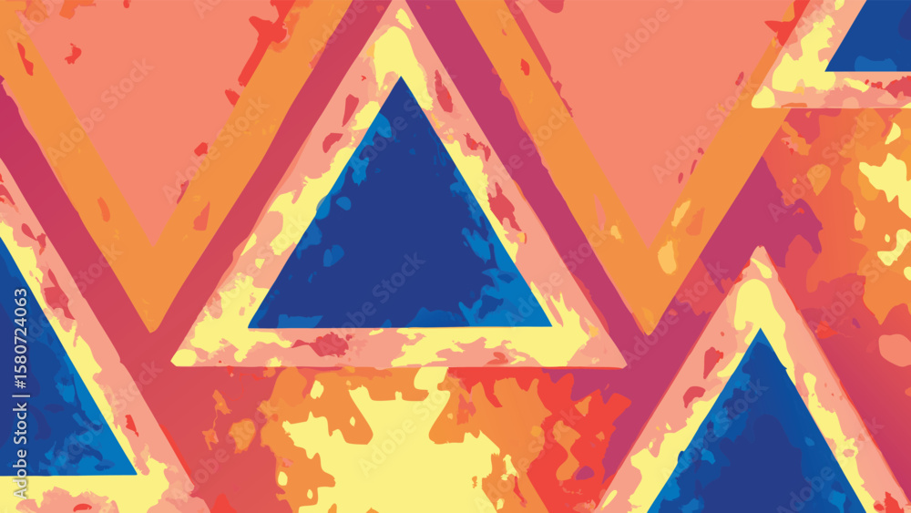 Poster abstract background featuring a pattern of blue triangles with colorful textured borders and fill 10