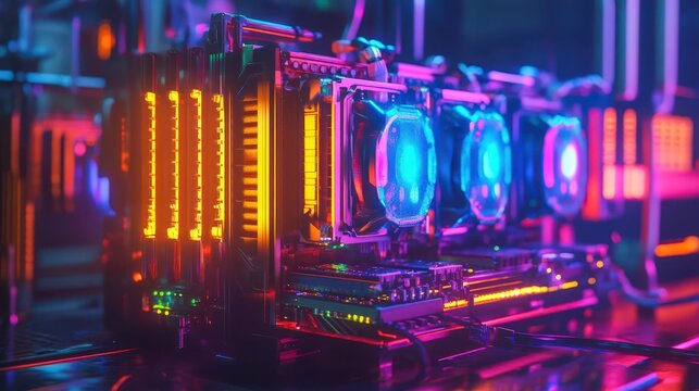 Futuristic mining rig with glowing GPUs holographic hash rate stats