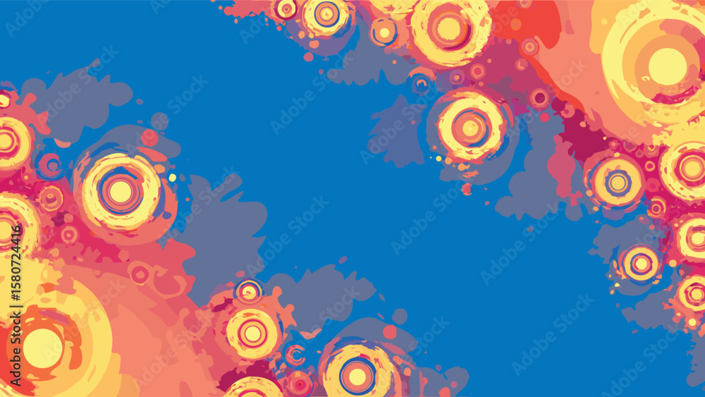 Poster abstract background with colorful circles and splatters on a blue canvas creating a vibrant design