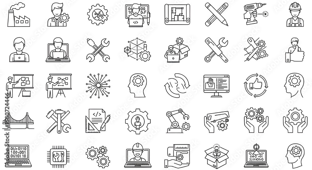 Poster set of thin line engineering and manufacturing icons - factory, technician, tools, robotics, and aut