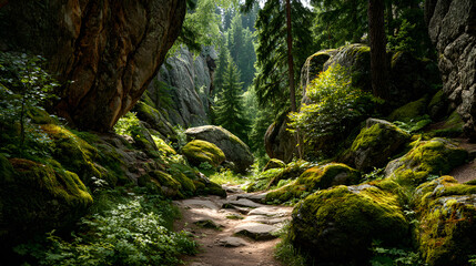 Moss on the rocks. Stolby national park in Krasnoyarsk. Forest and a large stones with green moss. Siberian nature landscape.