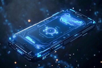 Futuristic smartphone floating in dark space neon blue accents holographic interface