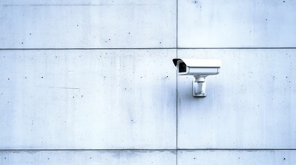 A white security camera mounted on a minimalist concrete wall, symbolizing surveillance and monitoring in a modern, industrial setting.