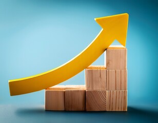 wooden blocks forming ascending graph with yellow arrow indicating growth and progress