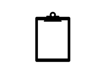 A simple black and white illustration of a clipboard with a blank sheet of paper cliped on it