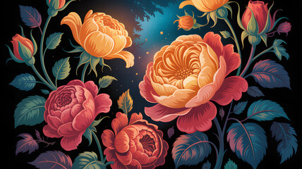 Vibrant vintage roses in bloom against a dark enchanted garden background