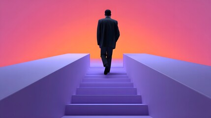 Silhouetted business leader ascending stairs towards a vibrant sunset.