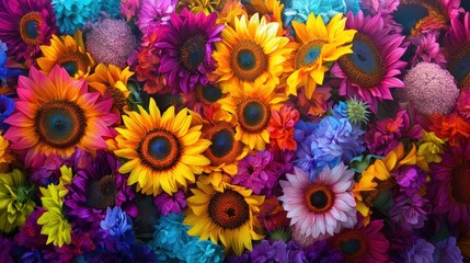 Vibrant sunflowers and colorful flowers background.
