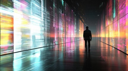 Silhouetted man walks through a futuristic neon-lit corridor.