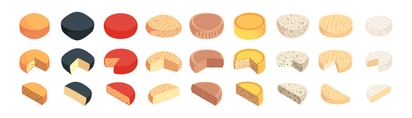 Half cut and whole wheels of hard cheese. Vector collection of different kind of dairy products. Isometric set of fromage. Tasty delicious food, ingredients for cooking and preparing meal