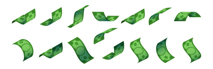 USD currency, isolated flying dollars, Vector isometric banknote bills for paying or buying, investing or banking. Saving up and financial stability, earning wages or salary, richness and wealth