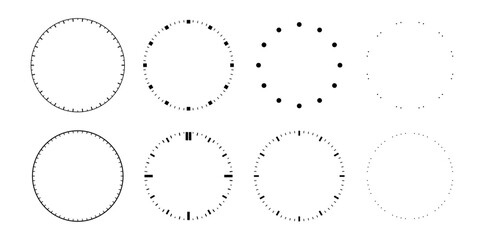 Round watch dials set with no hour or minute hands. Vector clock faces without numerals with minimalist or stylized design. Timepiece templates with subtle index markers or full blank surfaces