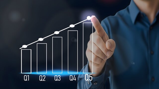 Businessman touching virtual quarterly growth bar chart showing increasing performance in Q1, Q2, Q3, Q4, and Q5 success


