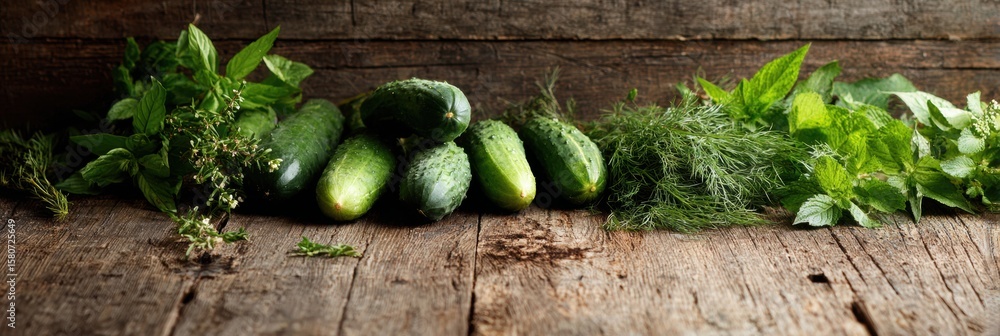 Poster crisp cucumbers and fresh herbs arranged on a rustic wood table in a quaint kitchen setting with a c