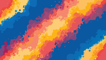 Abstract diagonal streaks of blue yellow and red watercolor splashes and splatters on a white background