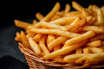 Golden crispy fries piled high in a woven basket, dark background