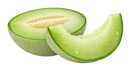 Fresh green honeydew melon halved and sliced with water droplets isolated on transparent background
