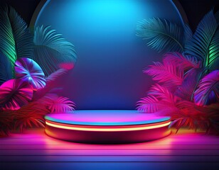 neon lit tropical paradise backdrop featuring a circular platform encircled by vibrant foliage
