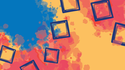 Abstract background with watercolor splashes and dark blue square outlines scattered around it all over