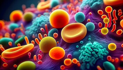 macro shot of healthy gut bacteria and pathogens vibrant microbiome background