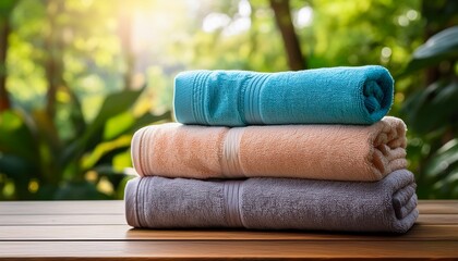 travel packing with multi purpose clothing items concept neatly stacked towels on a wooden surface with greenery in the background