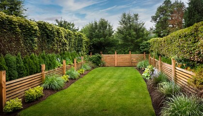 beautifully landscaped garden with wooden fences and lush greenery
