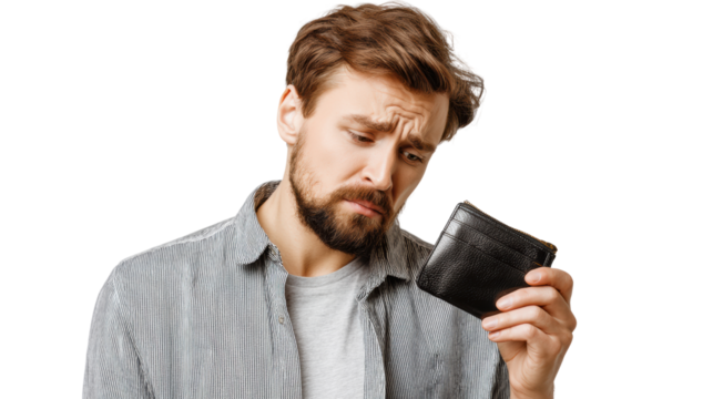 A concerned man looking at his empty wallet, expressing feelings of disappointment.